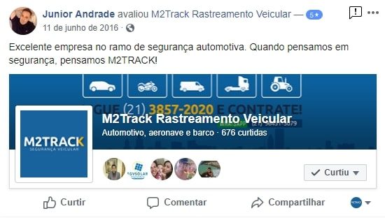 Julio Andrade elogiou a empresa Rastreamento Veicular dentro do facebook